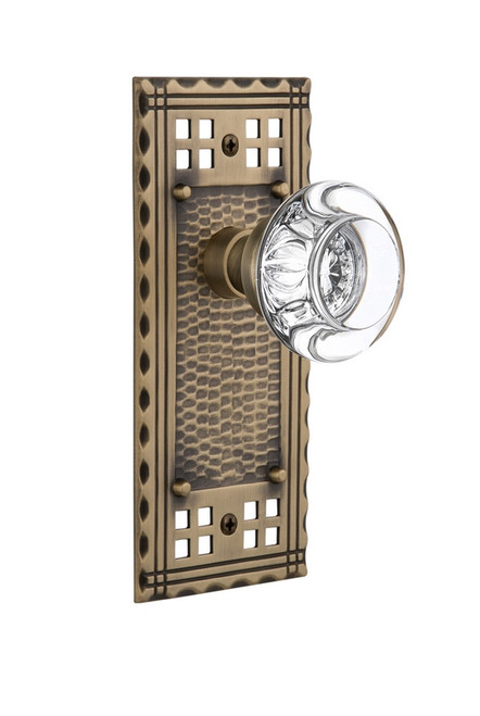 Nostalgic Warehouse - Craftsman Plate Privacy Round Clear Crystal Glass Door Knob in Antique Brass - CRARCC - 714774 - 2 3/4" Backset