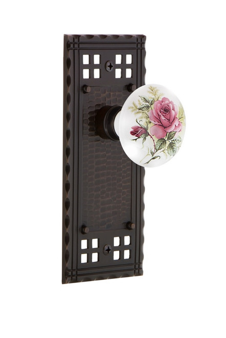 Nostalgic Warehouse - Craftsman Plate Passage White Rose Porcelain Door Knob in Timeless Bronze - CRAROS - 700263 - 2 3/8" Backset