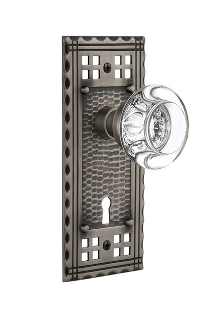 Nostalgic Warehouse - Craftsman Plate with Keyhole Single Dummy Round Clear Crystal Glass Door Knob in Antique Pewter - CRARCC - 715475