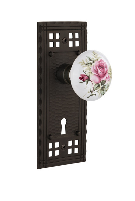 Nostalgic Warehouse - Craftsman Plate with Keyhole Privacy White Rose Porcelain Door Knob in Oil-Rubbed Bronze - CRAROS - 715728 - 2 3/8" Backset
