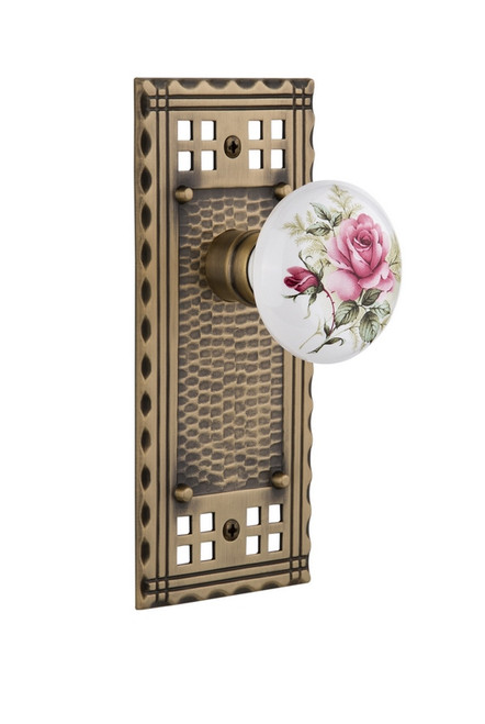 Nostalgic Warehouse - Craftsman Plate Double Dummy White Rose Porcelain Door Knob in Antique Brass - CRAROS - 715534
