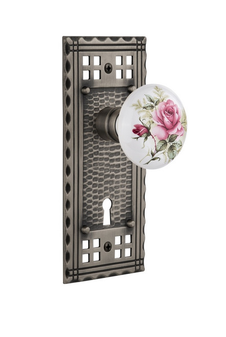 Nostalgic Warehouse - Craftsman Plate with Keyhole Double Dummy White Rose Porcelain Door Knob in Antique Pewter - CRAROS - 715599