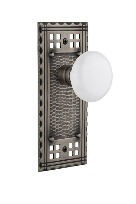 Nostalgic Warehouse - Craftsman Plate Passage White Porcelain Door Knob in Antique Pewter - CRAWHI - 715259 - 2 3/8" Backset