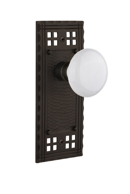 Nostalgic Warehouse - Craftsman Plate Passage White Porcelain Door Knob in Oil-Rubbed Bronze - CRAWHI - 708719 - 2 3/4" Backset