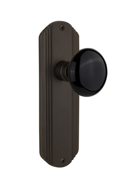Nostalgic Warehouse - Deco Plate Passage Black Porcelain Door Knob in Oil-Rubbed Bronze - DECBLK - 708725 - 2 3/4" Backset