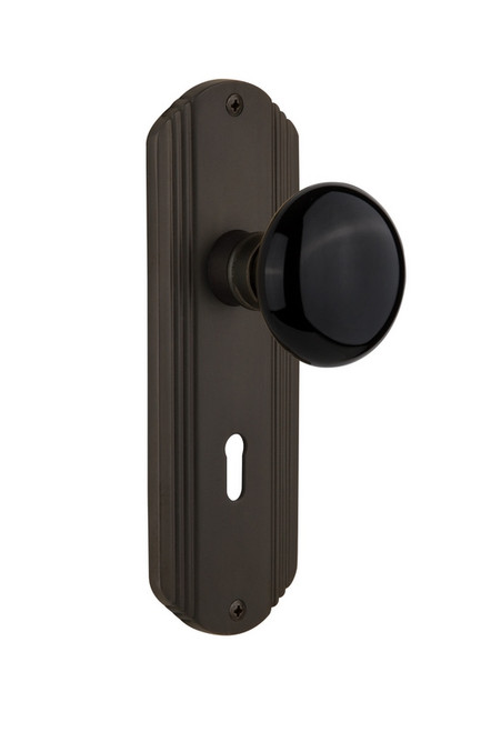 Nostalgic Warehouse - Deco Plate with Keyhole Passage Black Porcelain Door Knob in Oil-Rubbed Bronze - DECBLK - 705678 - 2 3/8" Backset