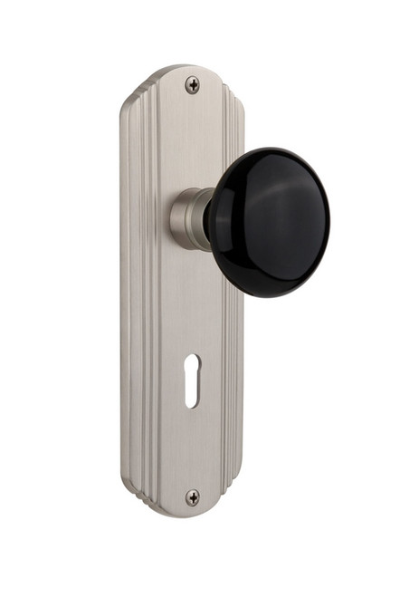 Nostalgic Warehouse - Deco Plate with Keyhole Passage Black Porcelain Door Knob in Satin Nickel - DECBLK - 705679 - 2 3/8" Backset