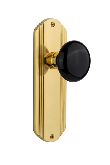 Nostalgic Warehouse - Deco Plate Double Dummy Black Porcelain Door Knob in Polished Brass - DECBLK - 706552