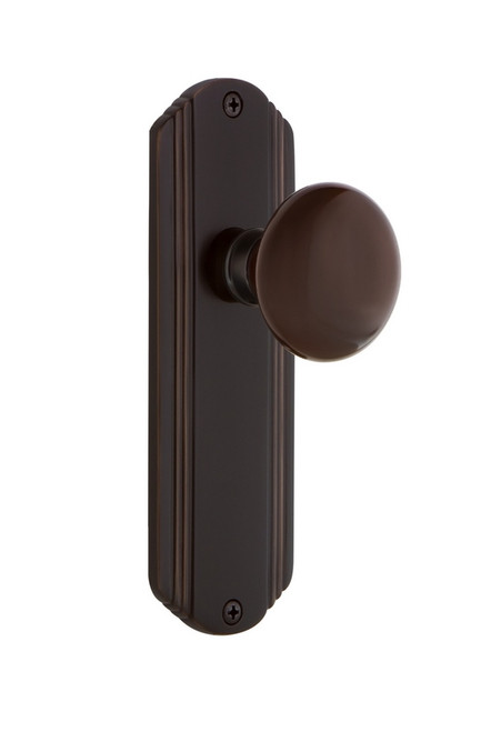 Nostalgic Warehouse - Deco Plate Passage Brown Porcelain Door Knob in Timeless Bronze - DECBRN - 700268 - 2 3/8" Backset