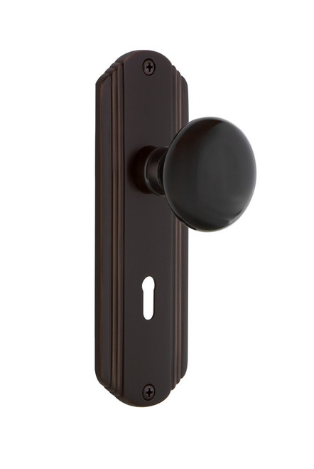 Nostalgic Warehouse - Deco Plate Interior Mortise Black Porcelain Door Knob in Timeless Bronze - DECBLK - 703834 - 2 1/4" Backset