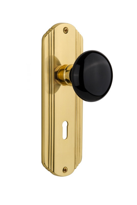 Nostalgic Warehouse - Deco Plate Interior Mortise Black Porcelain Door Knob in Polished Brass - DECBLK - 710395 - 2 1/4" Backset