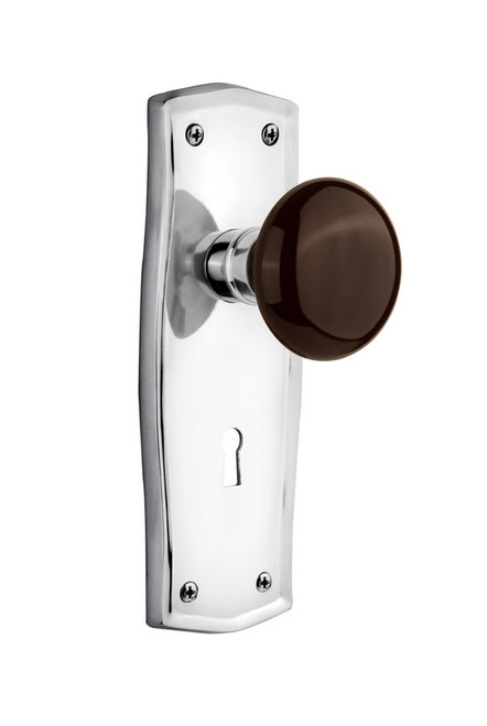 Nostalgic Warehouse - Deco Plate with Keyhole Privacy Brown Porcelain Door Knob in Bright Chrome - DECBRN - 710784 - 2 3/8" Backset