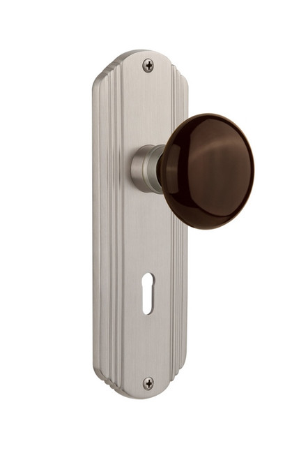 Nostalgic Warehouse - Deco Plate with Keyhole Privacy Brown Porcelain Door Knob in Satin Nickel - DECBRN - 718083 - 2 3/4" Backset