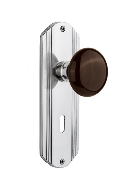 Nostalgic Warehouse - Deco Plate with Keyhole Privacy Brown Porcelain Door Knob in Bright Chrome - DECBRN - 718080 - 2 3/4" Backset