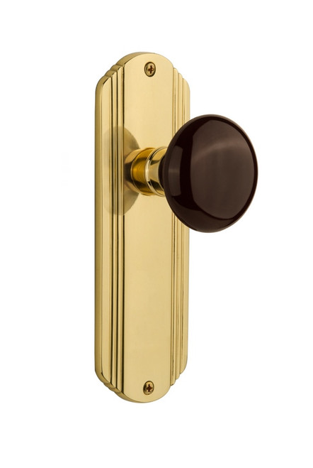 Nostalgic Warehouse - Deco Plate Double Dummy Brown Porcelain Door Knob in Polished Brass - DECBRN - 706601