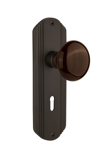 Nostalgic Warehouse - Deco Plate with Keyhole Double Dummy Brown Porcelain Door Knob in Oil-Rubbed Bronze - DECBRN - 706606