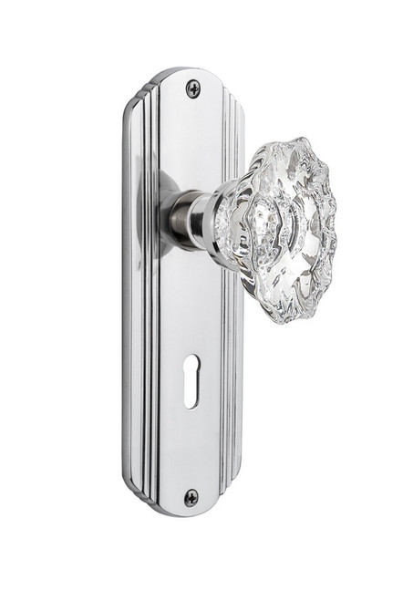Nostalgic Warehouse - Deco Plate with Keyhole Privacy Chateau Door Knob in Bright Chrome - DECCHA - 718088 - 2 3/4" Backset