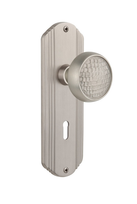 Nostalgic Warehouse - Deco Plate with Keyhole Passage Craftsman Door Knob in Satin Nickel - DECCRA - 705920 - 2 3/8" Backset