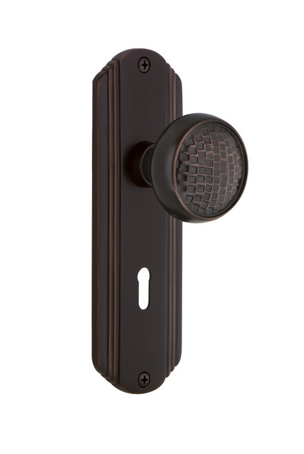 Nostalgic Warehouse - Deco Plate with Keyhole Passage Craftsman Door Knob in Timeless Bronze - DECCRA - 707901 - 2 3/8" Backset