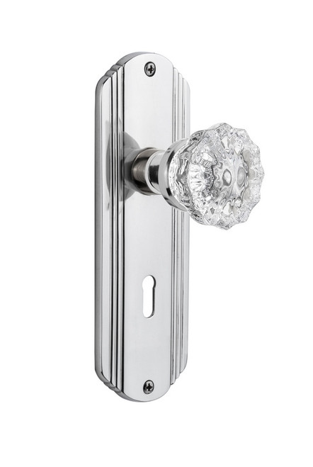 Nostalgic Warehouse - Deco Plate with Keyhole Passage Crystal Glass Door Knob in Bright Chrome - DECCRY - 701141 - 2 3/8" Backset