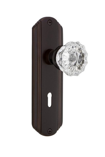 Nostalgic Warehouse - Deco Plate with Keyhole Passage Crystal Glass Door Knob in Timeless Bronze - DECCRY - 710345 - 2 3/4" Backset