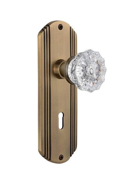 Nostalgic Warehouse - Deco Plate with Keyhole Passage Crystal Glass Door Knob in Antique Brass - DECCRY - 710338 - 2 3/4" Backset