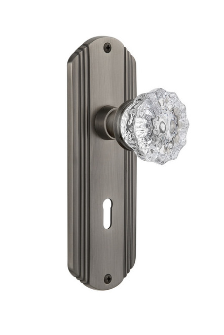 Nostalgic Warehouse - Deco Plate with Keyhole Passage Crystal Glass Door Knob in Antique Pewter - DECCRY - 710339 - 2 3/4" Backset