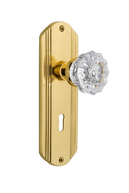 Nostalgic Warehouse - Deco Plate with Keyhole Passage Crystal Glass Door Knob in Unlacquered Brass - DECCRY - 710347 - 2 3/4" Backset