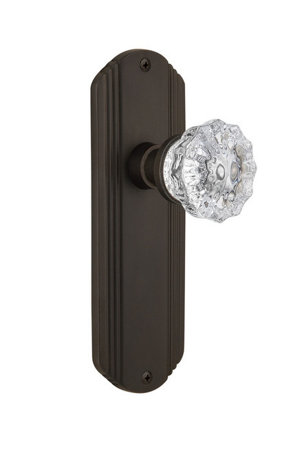 Nostalgic Warehouse - Deco Plate Privacy Crystal Glass Door Knob in Oil-Rubbed Bronze - DECCRY - 714831 - 2 3/4" Backset