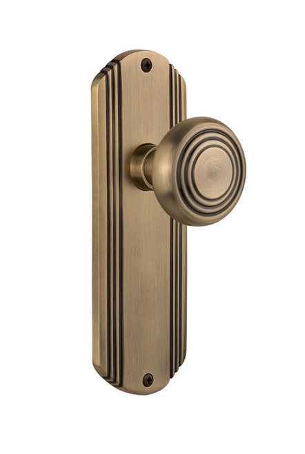 Nostalgic Warehouse - Deco Plate Privacy Deco Door Knob in Antique Brass - DECDEC - 714836 - 2 3/4" Backset
