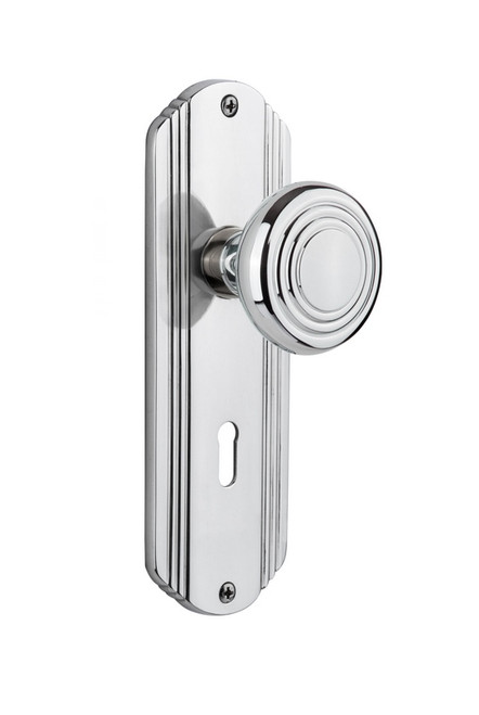 Nostalgic Warehouse - Deco Plate with Keyhole Privacy Deco Door Knob in Bright Chrome - DECDEC - 718109 - 2 3/4" Backset