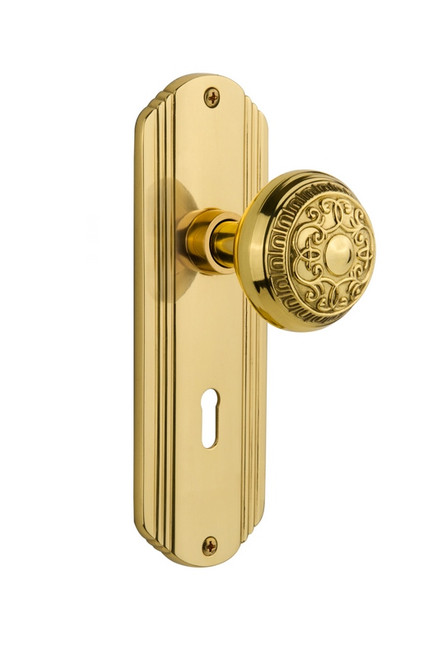 Nostalgic Warehouse - Deco Plate with Keyhole Passage Egg & Dart Door Knob in Unlacquered Brass - DECEAD - 710396 - 2 3/4" Backset