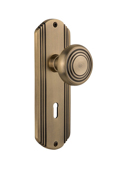 Nostalgic Warehouse - Deco Plate Interior Mortise Deco Door Knob in Antique Brass - DECDEC - 707002 - 2 1/4" Backset