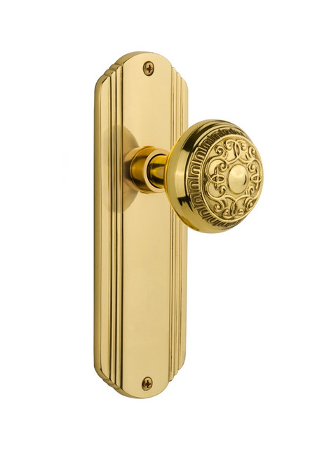 Nostalgic Warehouse - Deco Plate Privacy Egg & Dart Door Knob in Polished Brass - DECEAD - 714847 - 2 3/4" Backset