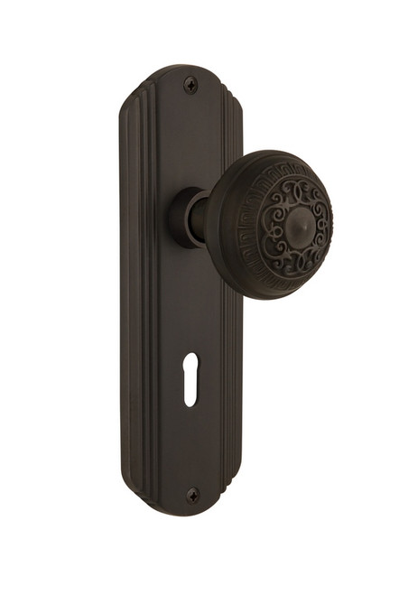 Nostalgic Warehouse - Deco Plate with Keyhole Privacy Egg & Dart Door Knob in Oil-Rubbed Bronze - DECEAD - 705453 - 2 3/8" Backset