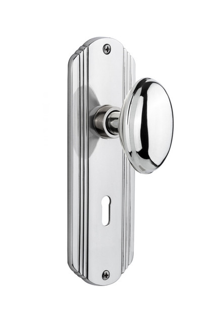 Nostalgic Warehouse - Deco Plate Passage Homestead Door Knob in Bright Chrome - DECHOM - 708776 - 2 3/4" Backset