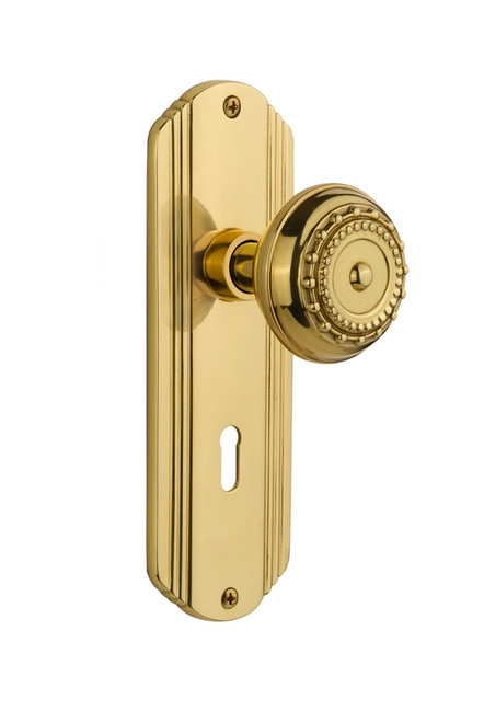 Nostalgic Warehouse - Deco Plate with Keyhole Passage Meadows Door Knob in Unlacquered Brass - DECMEA - 705542 - 2 3/8" Backset