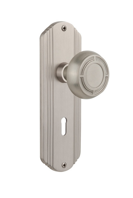 Nostalgic Warehouse - Deco Plate with Keyhole Passage Mission Door Knob in Satin Nickel - DECMIS - 710477 - 2 3/4" Backset