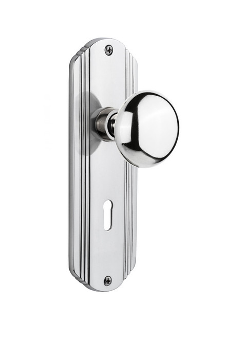 Nostalgic Warehouse - Deco Plate with Keyhole Passage New York Door Knob in Bright Chrome - DECNYK - 702606 - 2 3/8" Backset