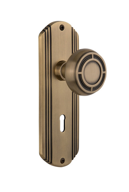 Nostalgic Warehouse - Deco Plate Interior Mortise Mission Door Knob in Antique Brass - DECMIS - 706864 - 2 1/4" Backset