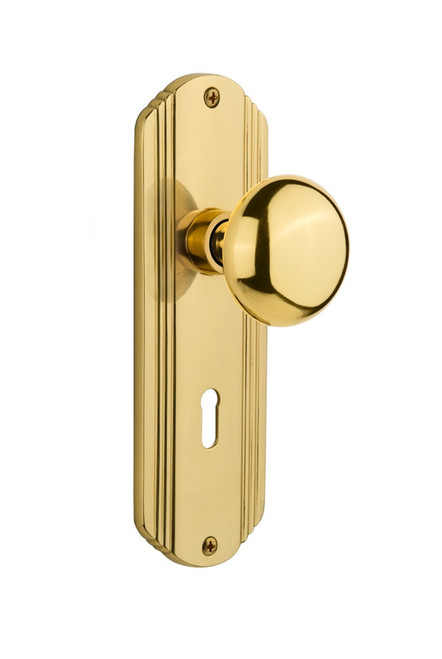 Nostalgic Warehouse - Deco Plate with Keyhole Privacy New York Door Knob in Polished Brass - DECNYK - 702610 - 2 3/8" Backset