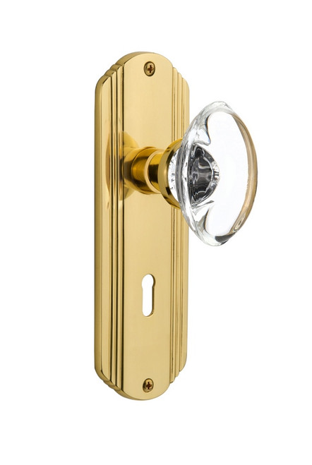 Nostalgic Warehouse - Deco Plate with Keyhole Privacy Oval Clear Crystal Glass Door Knob in Unlacquered Brass - DECOCC - 705776 - 2 3/8" Backset