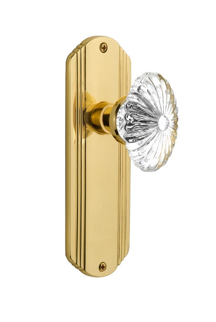 Nostalgic Warehouse - Deco Plate Passage Oval Fluted Crystal Glass Door Knob in Polished Brass - DECOFC - 705799 - 2 3/8" Backset