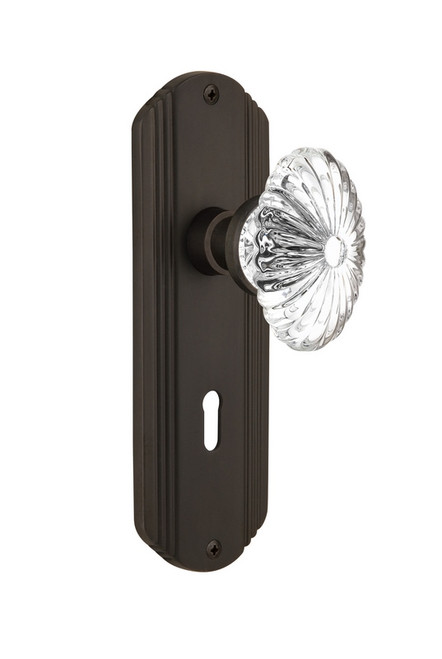 Nostalgic Warehouse - Deco Plate with Keyhole Passage Oval Fluted Crystal Glass Door Knob in Oil-Rubbed Bronze - DECOFC - 710510 - 2 3/4" Backset