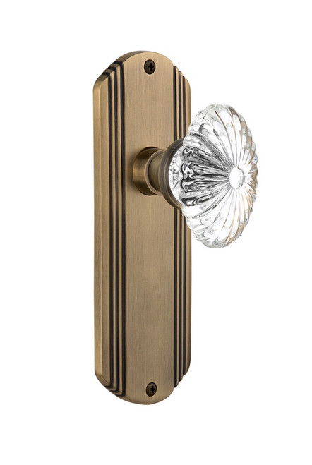 Nostalgic Warehouse - Deco Plate Privacy Oval Fluted Crystal Glass Door Knob in Antique Brass - DECOFC - 714887 - 2 3/4" Backset