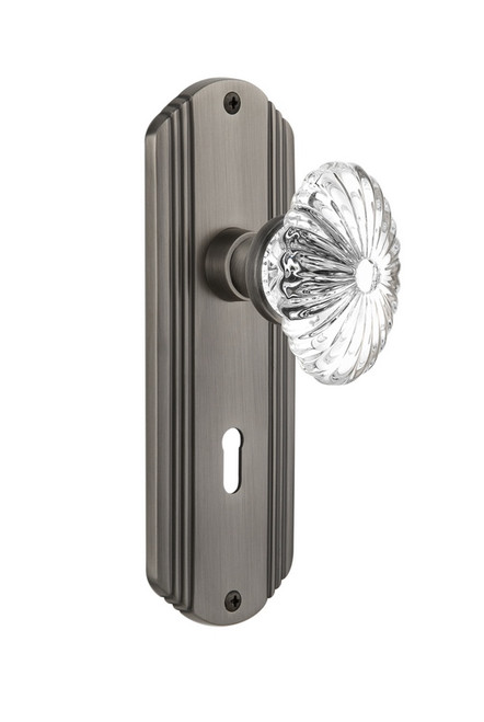 Nostalgic Warehouse - Deco Plate with Keyhole Double Dummy Oval Fluted Crystal Glass Door Knob in Antique Pewter - DECOFC - 706703