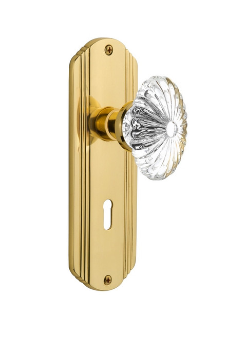 Nostalgic Warehouse - Deco Plate with Keyhole Double Dummy Oval Fluted Crystal Glass Door Knob in Unlacquered Brass - DECOFC - 706706