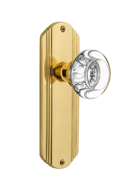 Nostalgic Warehouse - Deco Plate Passage Round Clear Crystal Glass Door Knob in Polished Brass - DECRCC - 705875 - 2 3/8" Backset