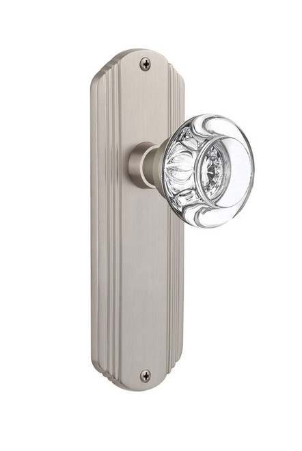 Nostalgic Warehouse - Deco Plate Passage Round Clear Crystal Glass Door Knob in Satin Nickel - DECRCC - 705876 - 2 3/8" Backset