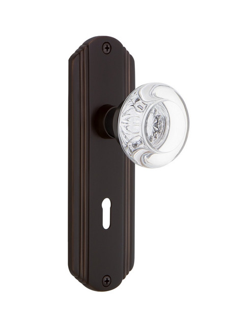 Nostalgic Warehouse - Deco Plate with Keyhole Privacy Round Clear Crystal Glass Door Knob in Timeless Bronze - DECRCC - 718180 - 2 3/4" Backset